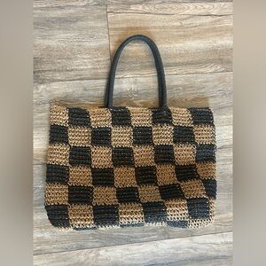 GAP Black and Tan Checkered Gingham Straw Woven Tote